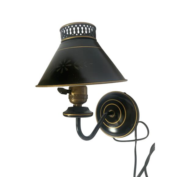 Vintage Toleware Metal Wall Light Black Gold Colonial Style French MCM 50s 60s - Picture 1 of 8